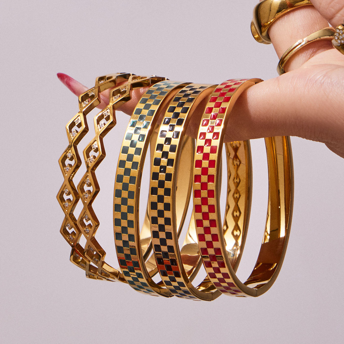 Retro Checkered & Geometric Gold Bangles