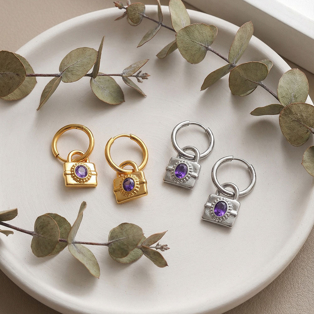 Gemstone Padlock Charm Huggie Earrings