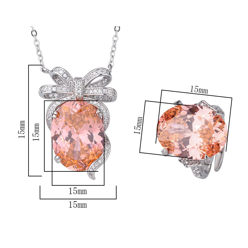 Elegant Oval Gemstone Bow-Knot Pendant and Ring Set