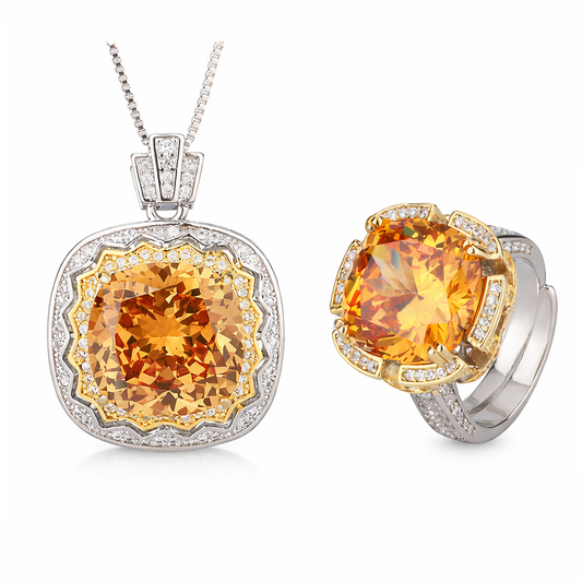 Luxe Cushion Cut Purple Yellow Sparkle Statement Jewelry Set