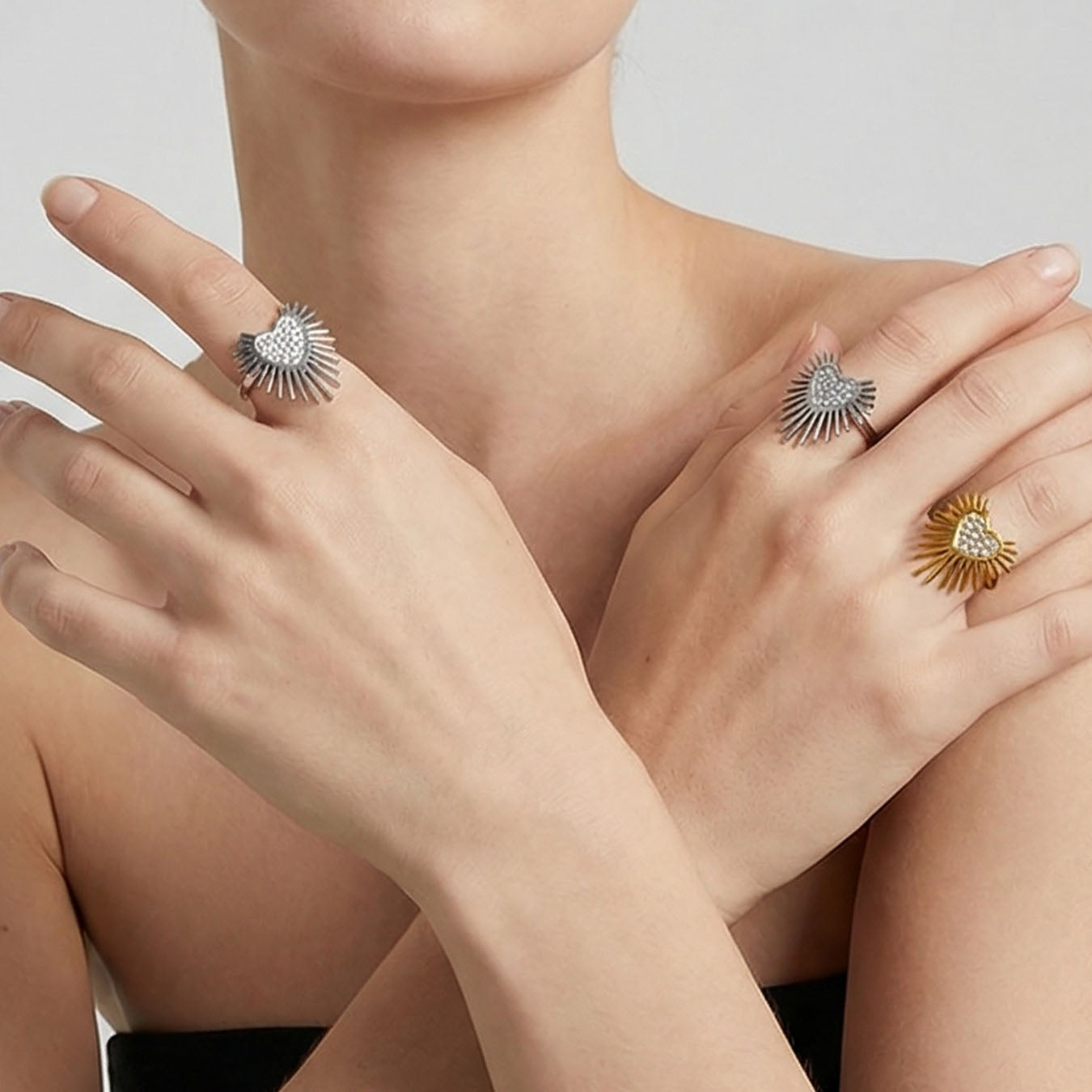 Radiant Sunburst Pavé Heart Adjustable Ring