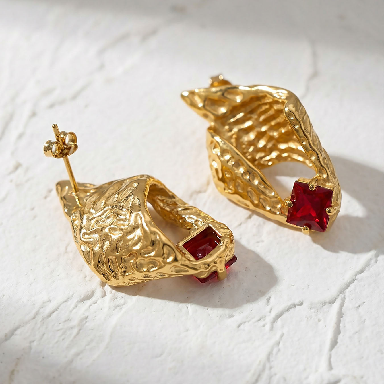 Vintage Hammered Gold Ruby Statement Earrings