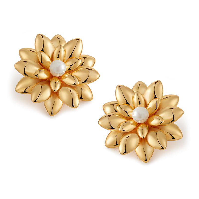 18K Gold Multi - layered 3D Flower Stud Earrings - Shuling Jewelry