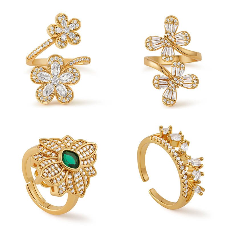 18K Gold Zircon Flower Rings - Shuling Jewelry