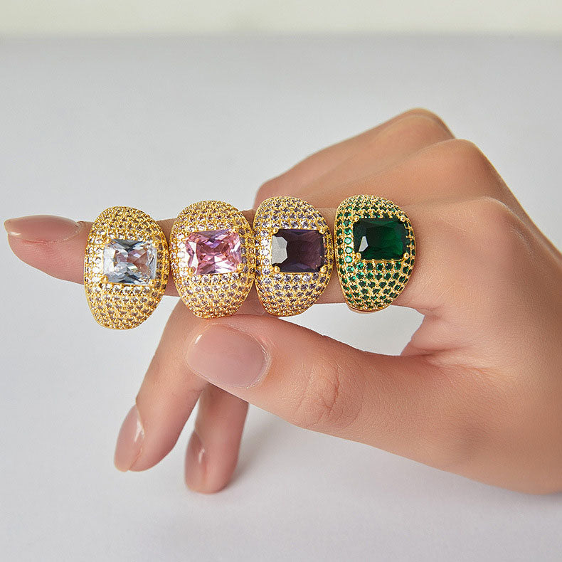 Shining Gold Pave Crystal Dome Rings