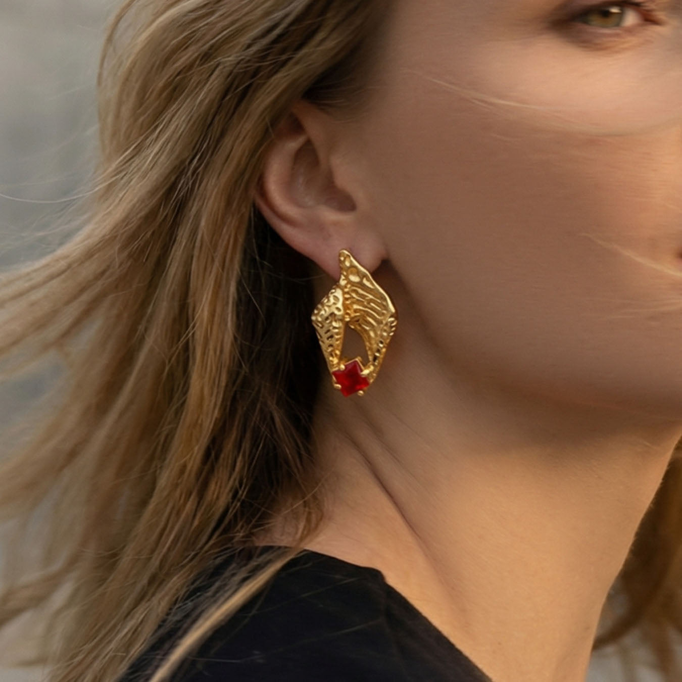 Vintage Hammered Gold Ruby Statement Earrings