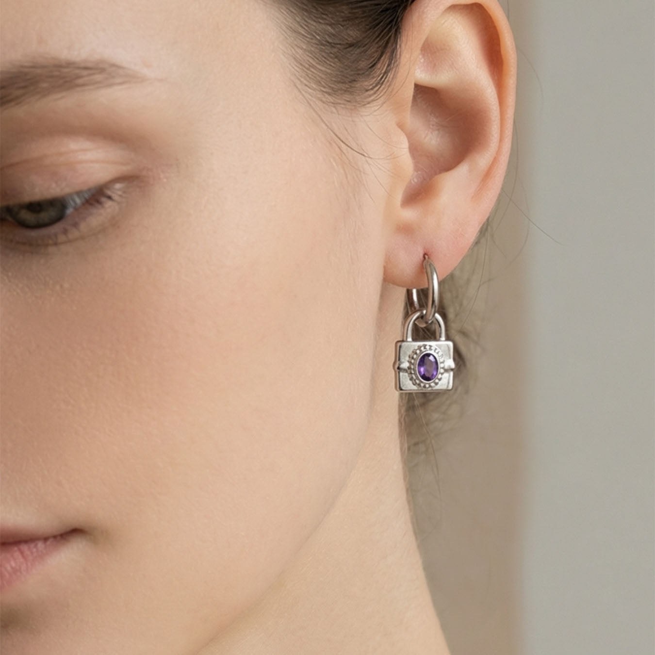 Gemstone Padlock Charm Huggie Earrings