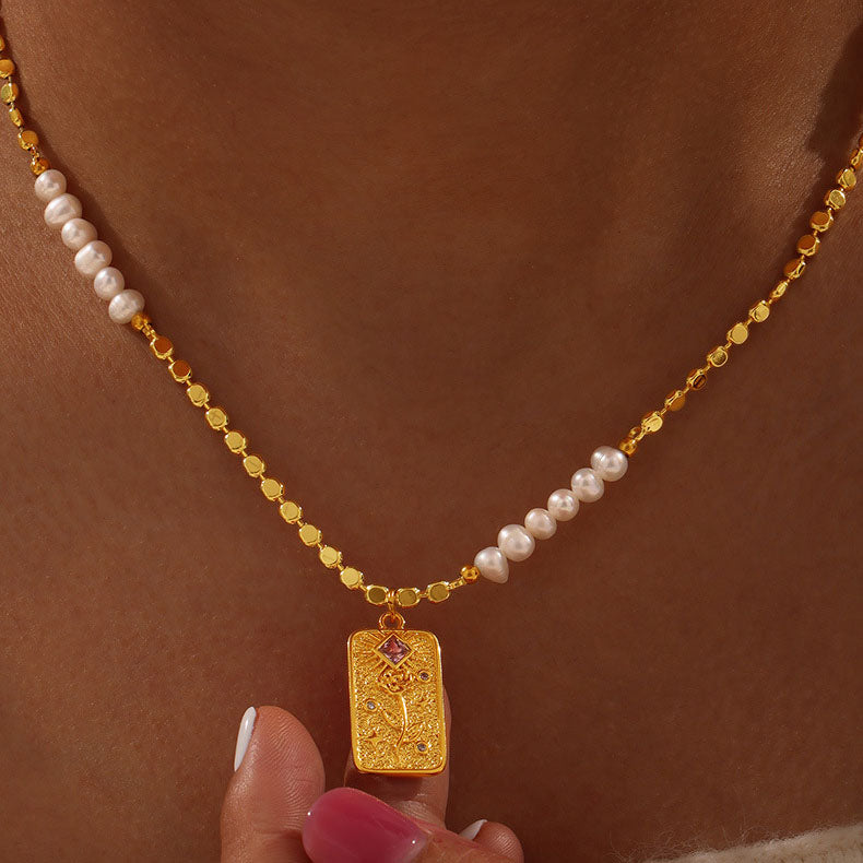 Gold Engraved Botanical Medallion Necklace