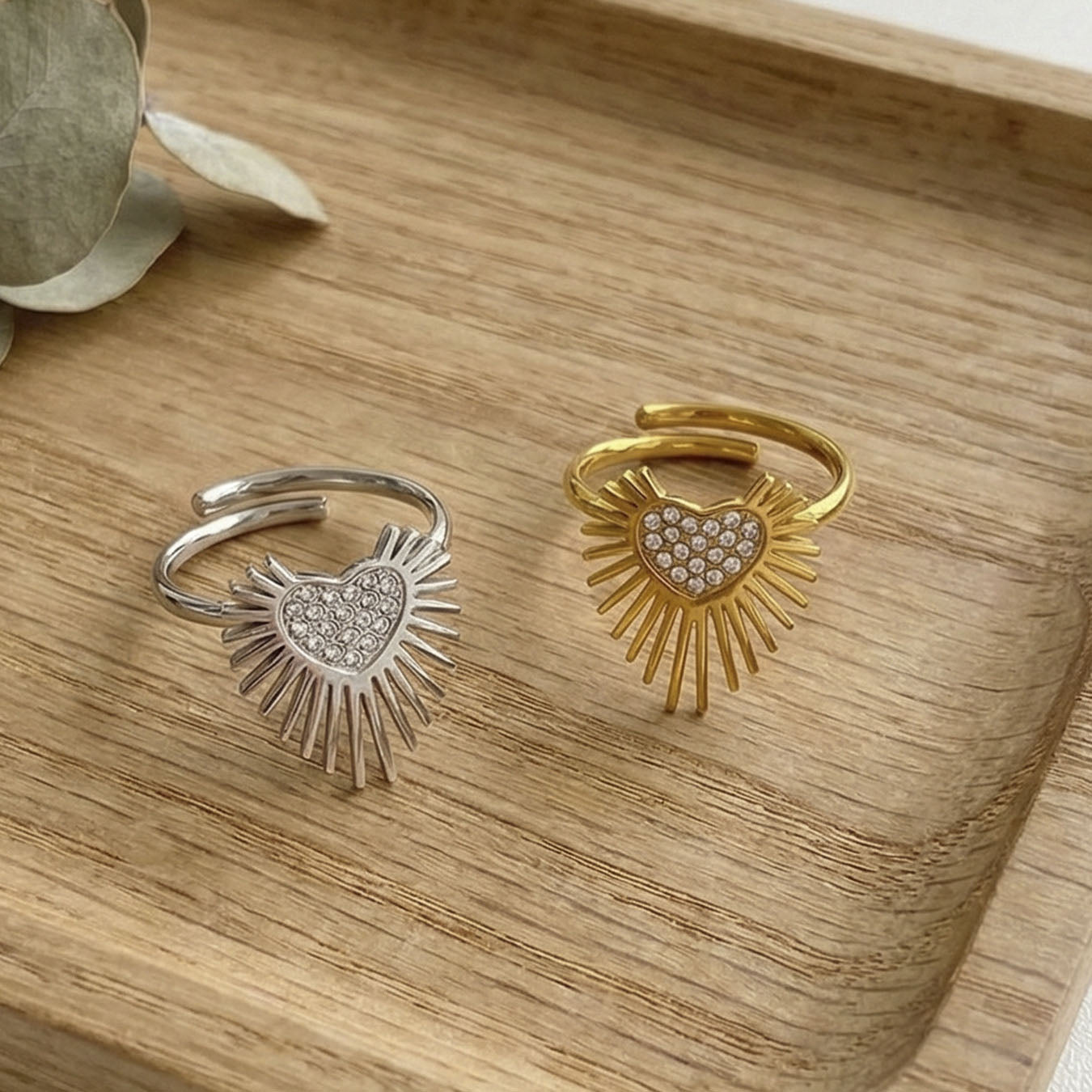 Radiant Sunburst Pavé Heart Adjustable Ring