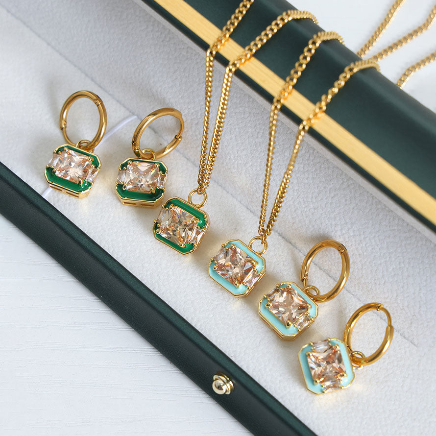 Enamel Square Crystal Pendant Jewelry Set