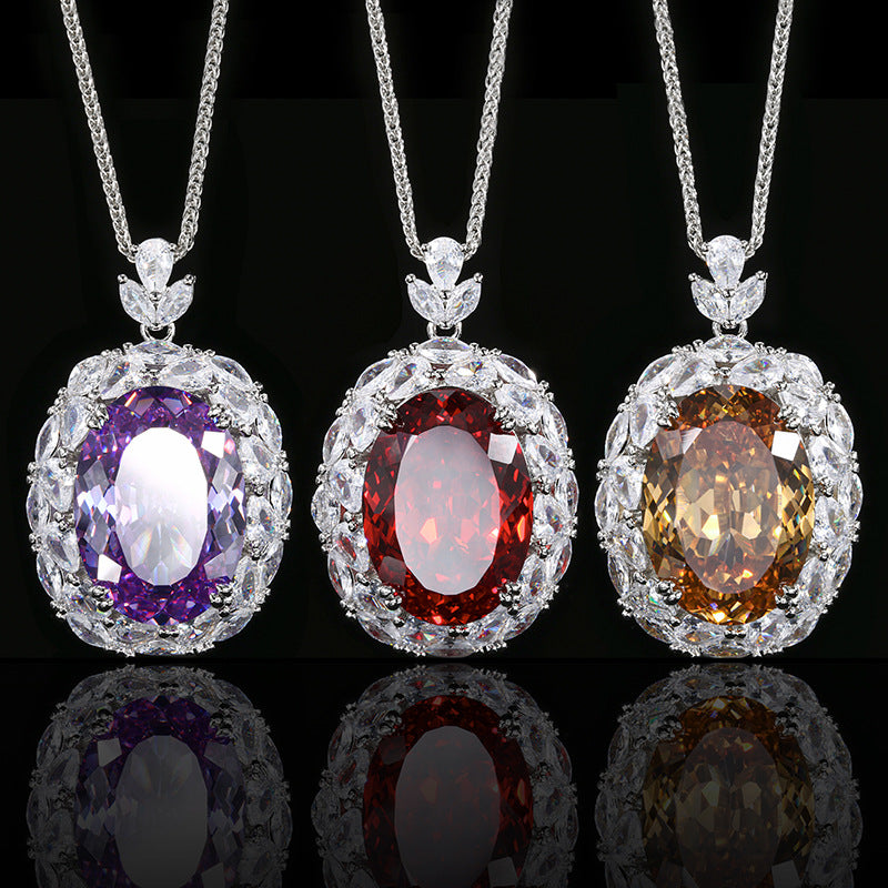 Radiant Oval Gemstone Pendant Necklace with Crystal Halo