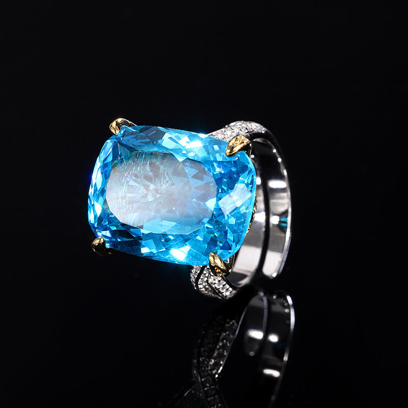 Opulent Cushion-Cut Blue Stone Halo Necklace & Ring Set