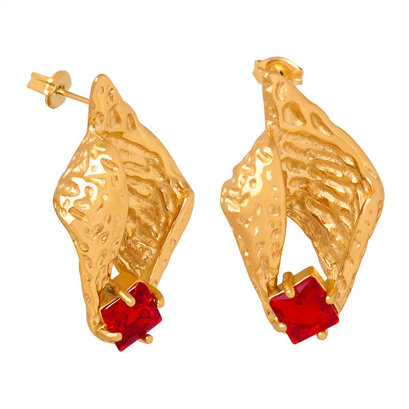 Vintage Hammered Gold Ruby Statement Earrings