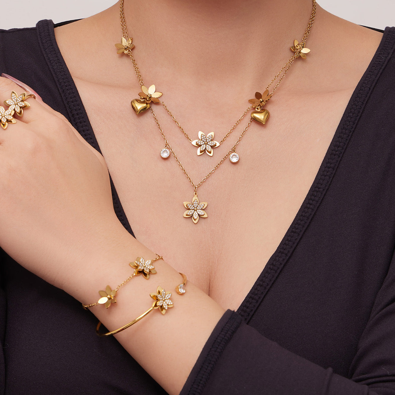 Sparkling Zircon Flower Gold Jewelry Sets