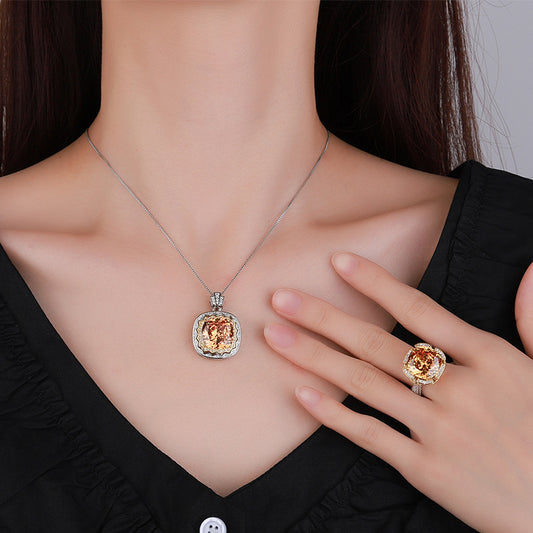 Luxe Cushion Cut Purple Yellow Sparkle Statement Jewelry Set