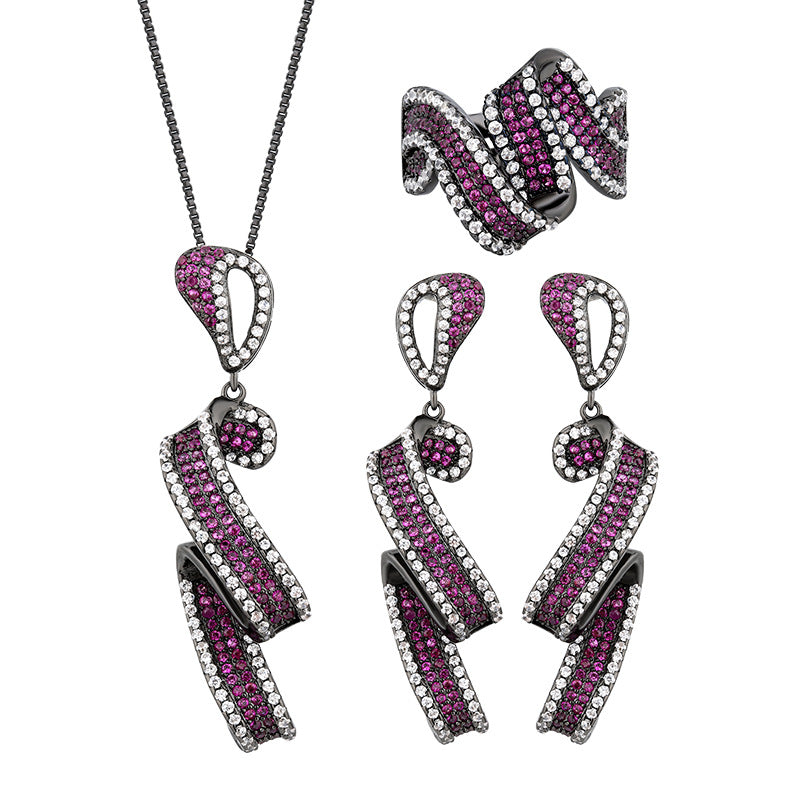 Shimmering Fuchsia Ribbon Swirl Jewelry Set with Black Metal