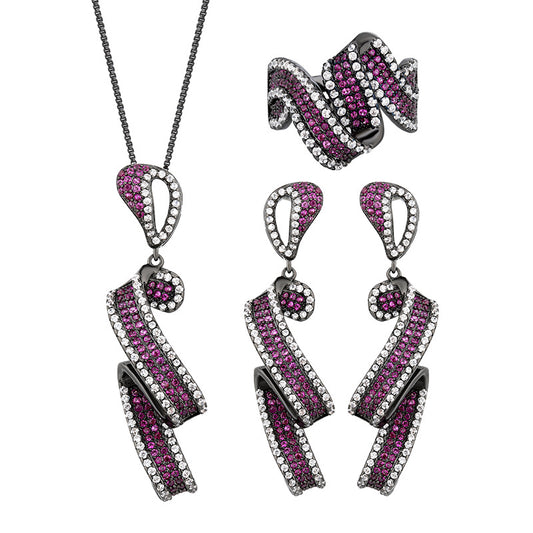 Shimmering Fuchsia Ribbon Swirl Jewelry Set with Black Metal