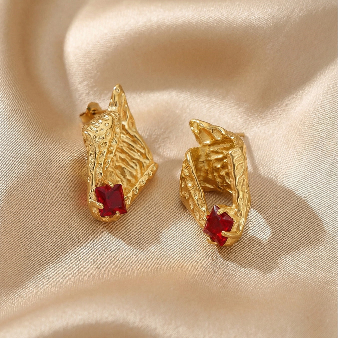 Vintage Hammered Gold Ruby Statement Earrings