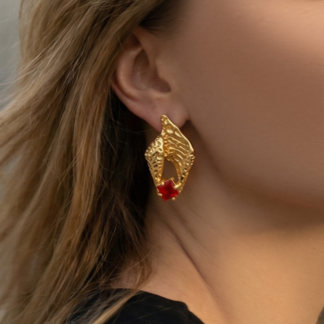 Vintage Hammered Gold Ruby Statement Earrings