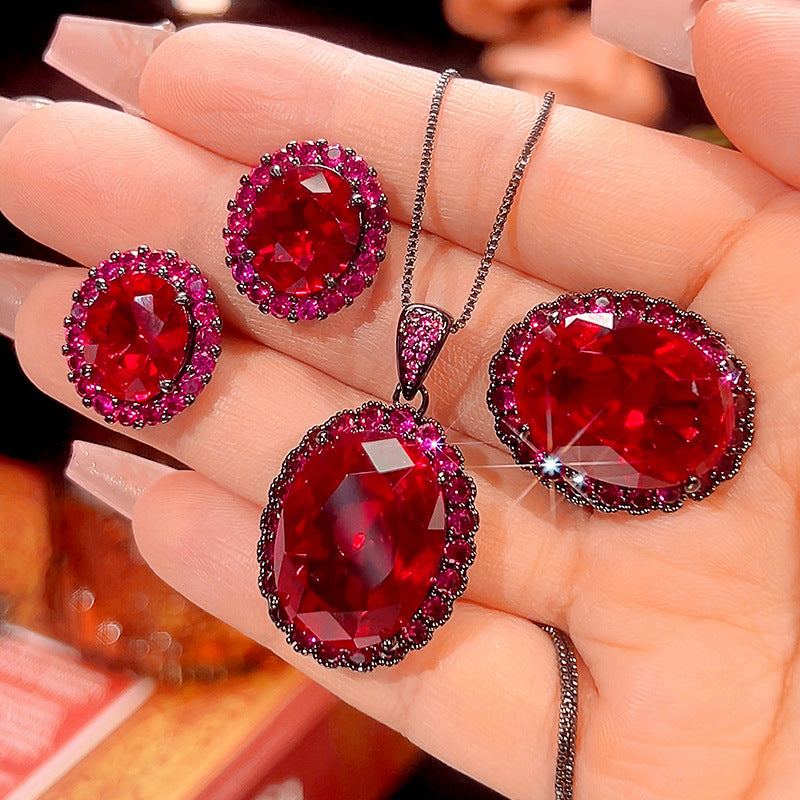 Vintage Crimson Ruby Halo Jewelry Set