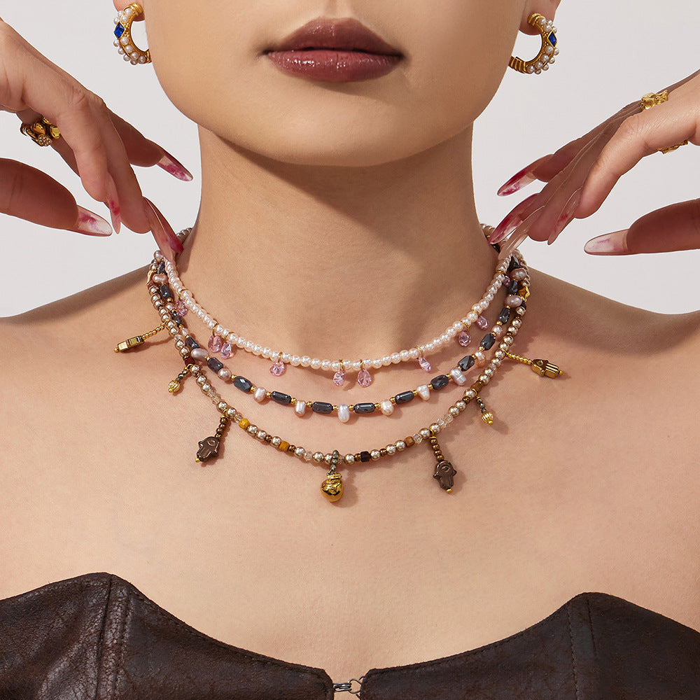 Bohemian Pearl Hamsa Hand Necklace