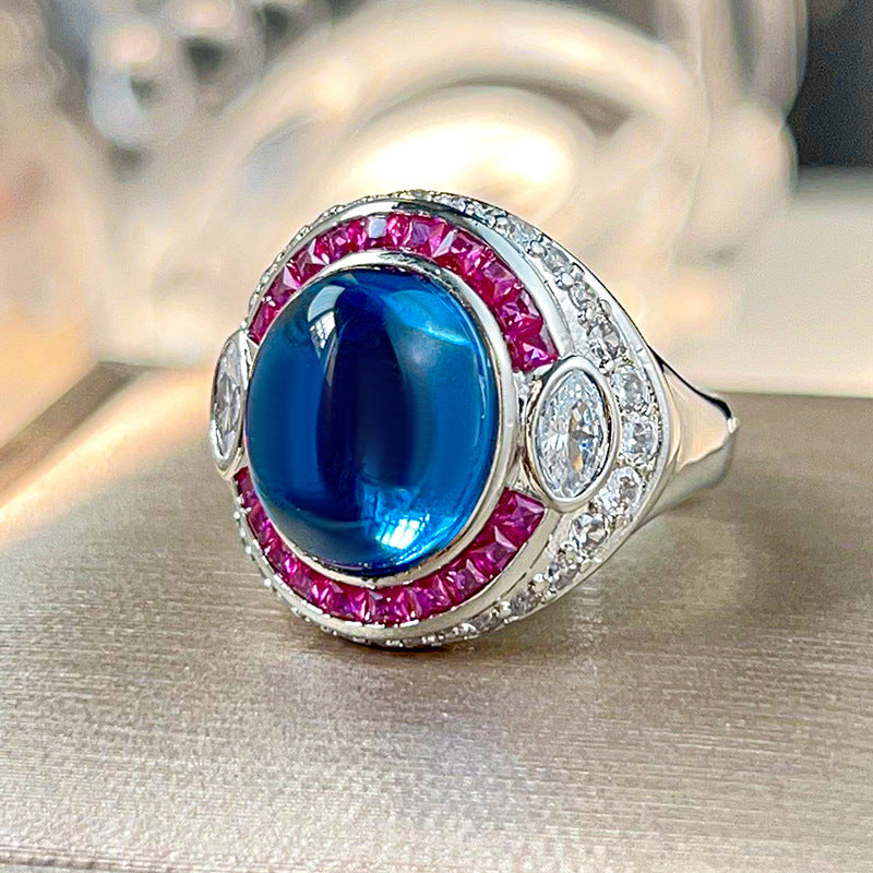 Luminous Star-Effect Cabochon Gemstone Halo Statement Ring