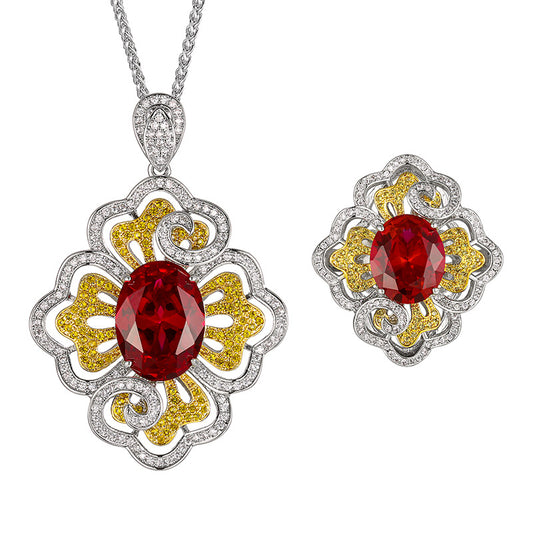 Majestic Crimson Bloom: Vintage Two-Tone Ruby Jewelry Set