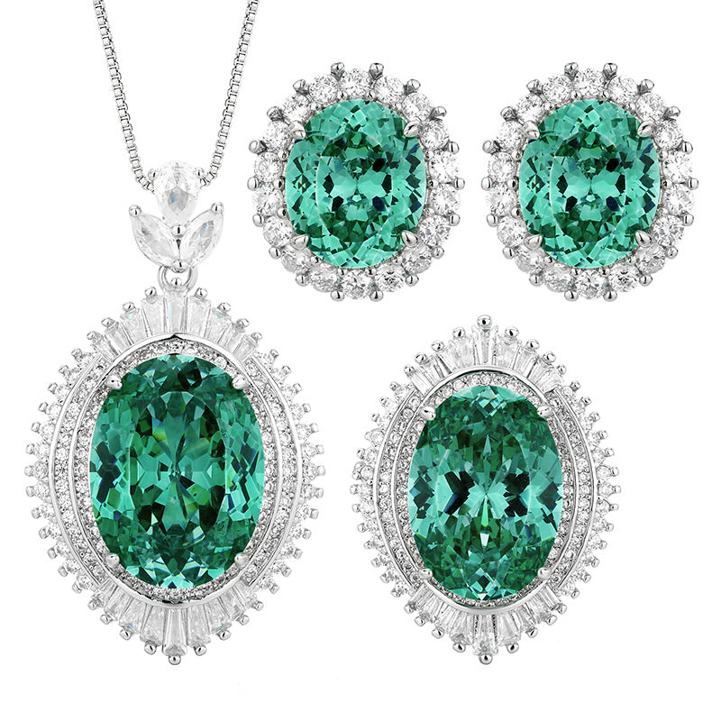 Shining Teal Green Oval Halo Jewelry Set