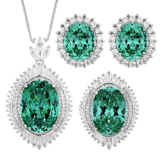 Shining Teal Green Oval Halo Jewelry Set