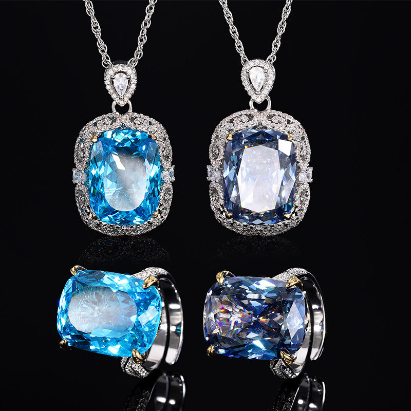 Opulent Cushion-Cut Blue Stone Halo Necklace & Ring Set