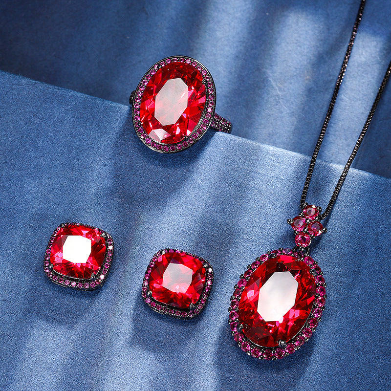 Black Gold Crimson Red Gemstone Statement Jewelry Set