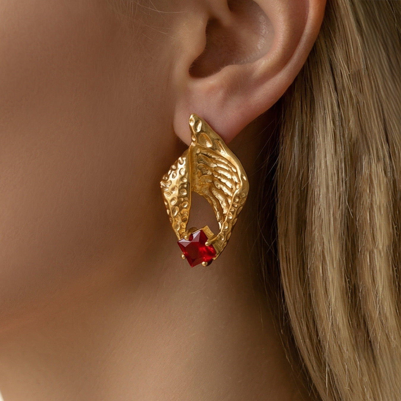 Vintage Hammered Gold Ruby Statement Earrings