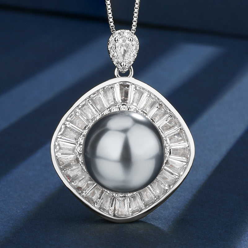 Royal Mystic Gray Pearl Double Halo Jewelry Set