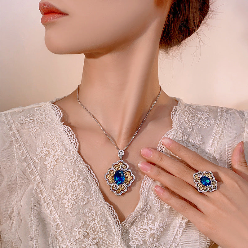 Vintage-Inspired Royal Blue Gemstone Floral Jewelry Set