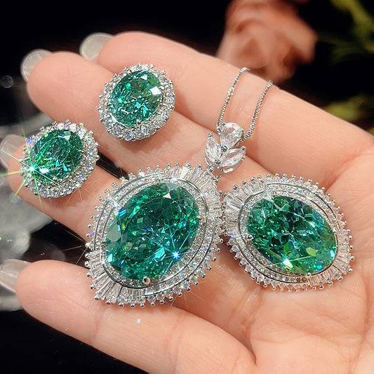 Shining Teal Green Oval Halo Jewelry Set
