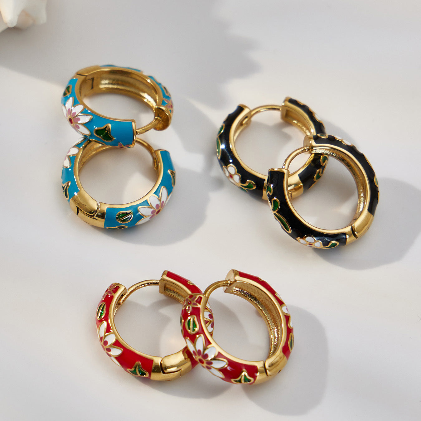 Enamel Floral & Crystal Huggie Earrings