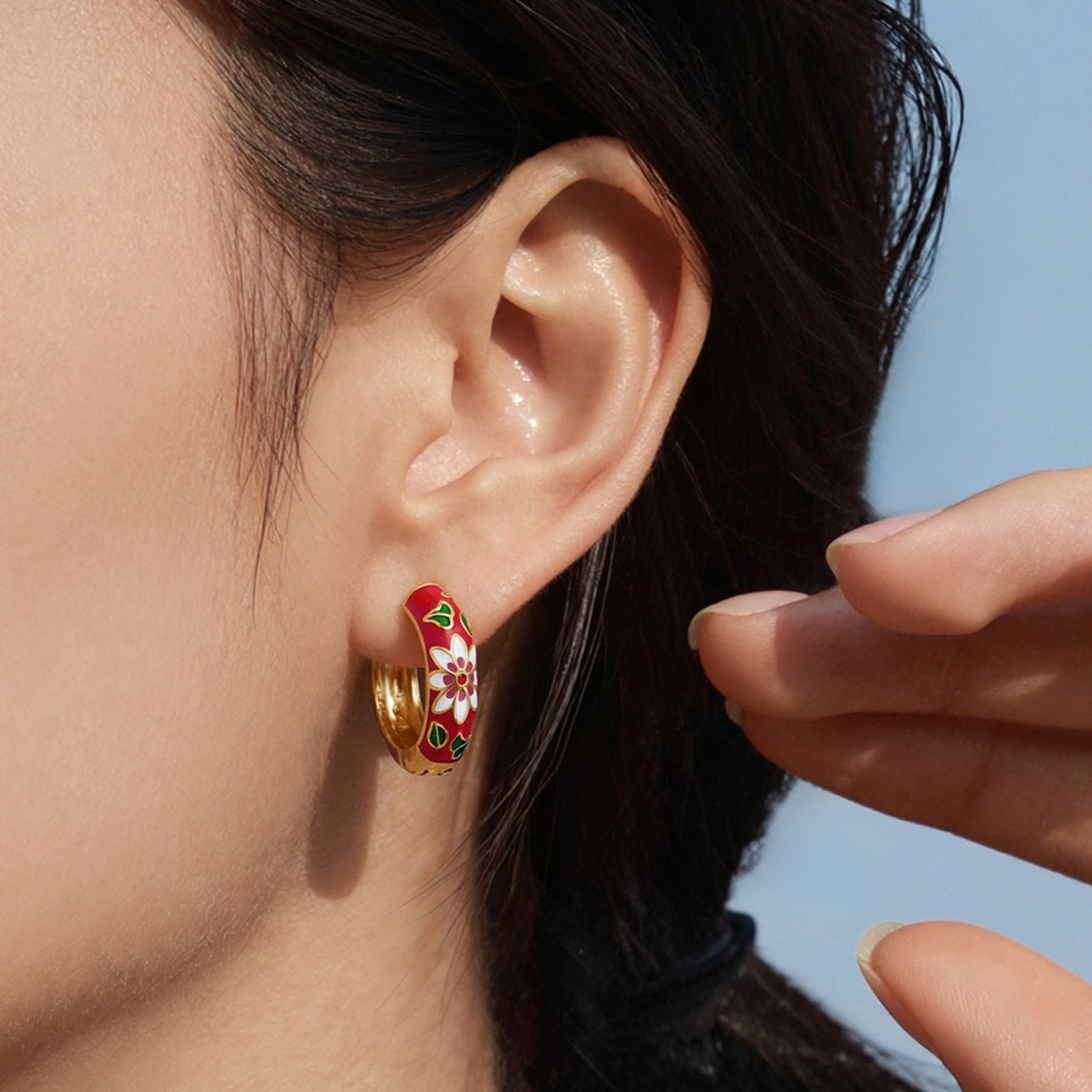Enamel Floral & Crystal Huggie Earrings