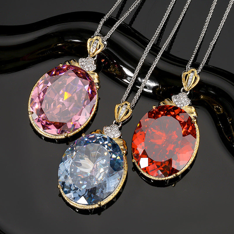 Oval Cut Gemstone Bow Knot Statement Pendant Necklace