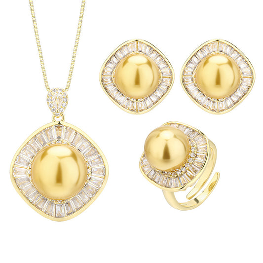 Luxury Golden Pearl and Baguette Crystal Jewelry Set