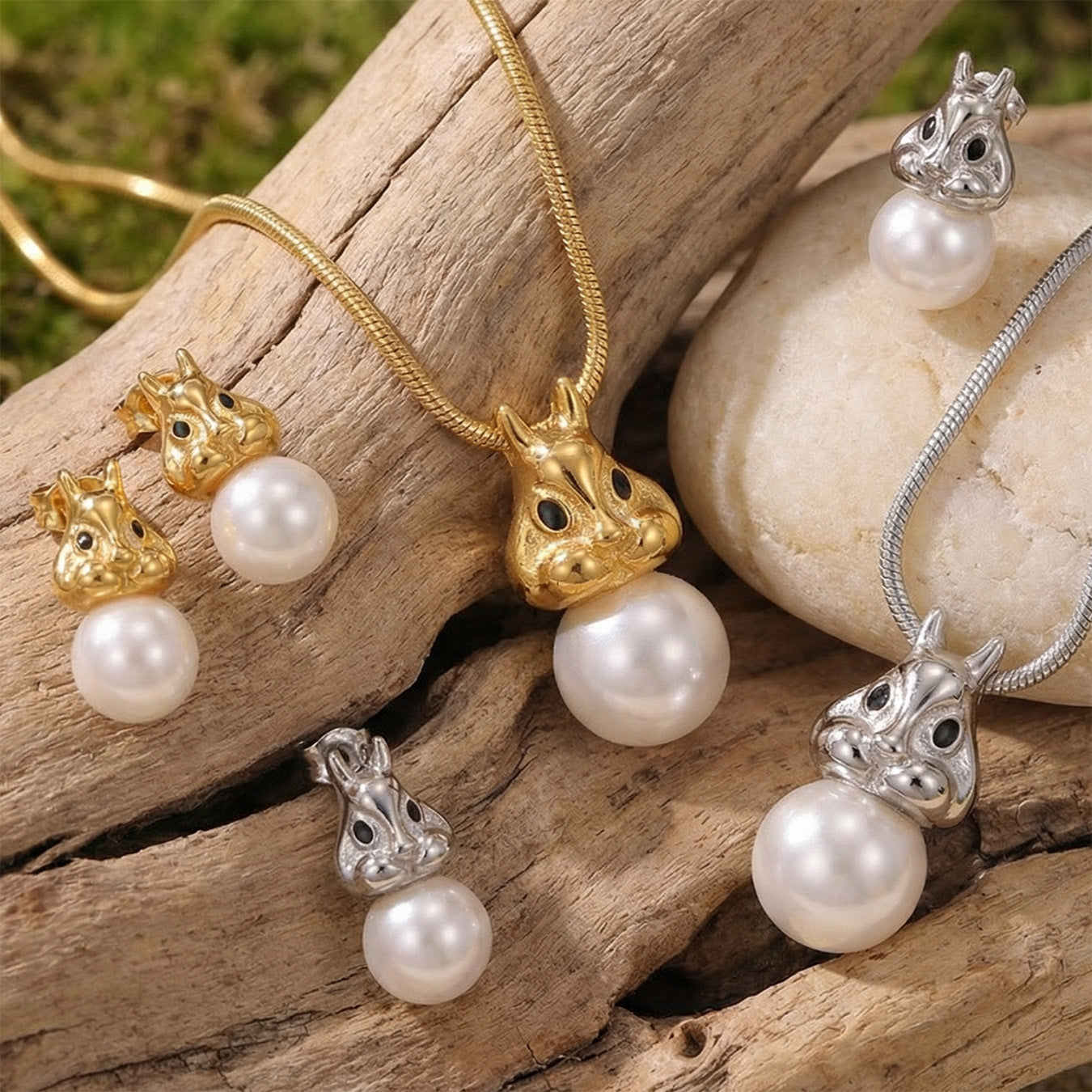 Whimsical Forest Squirrel Pearl Jewelry Set