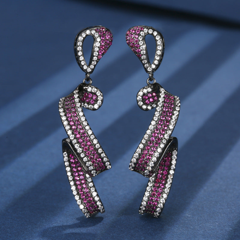 Shimmering Fuchsia Ribbon Swirl Jewelry Set with Black Metal
