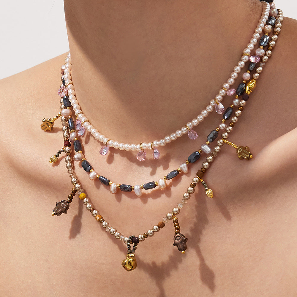 Bohemian Pearl Hamsa Hand Necklace