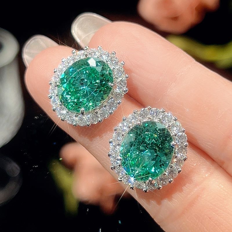 Radiant Emerald Green Oval-Cut Crystal Halo Jewelry Set
