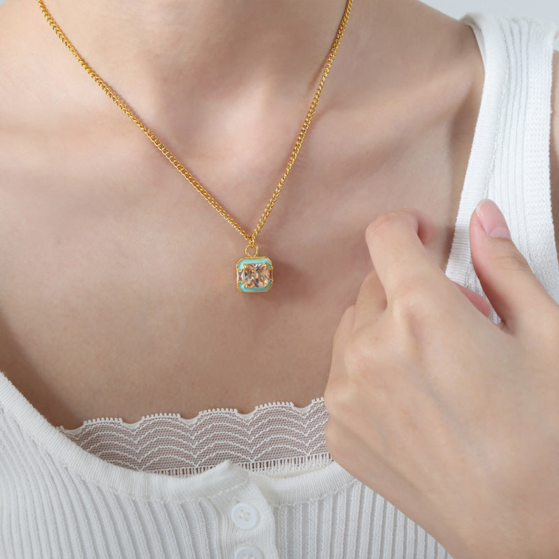 Enamel Square Crystal Pendant Jewelry Set
