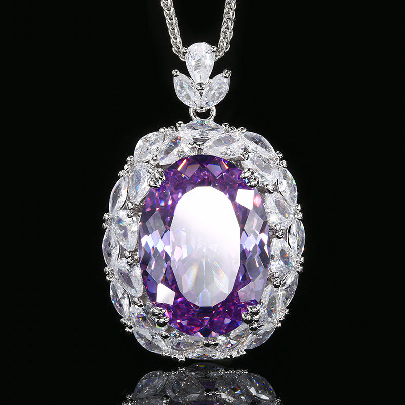 Radiant Oval Gemstone Pendant Necklace with Crystal Halo