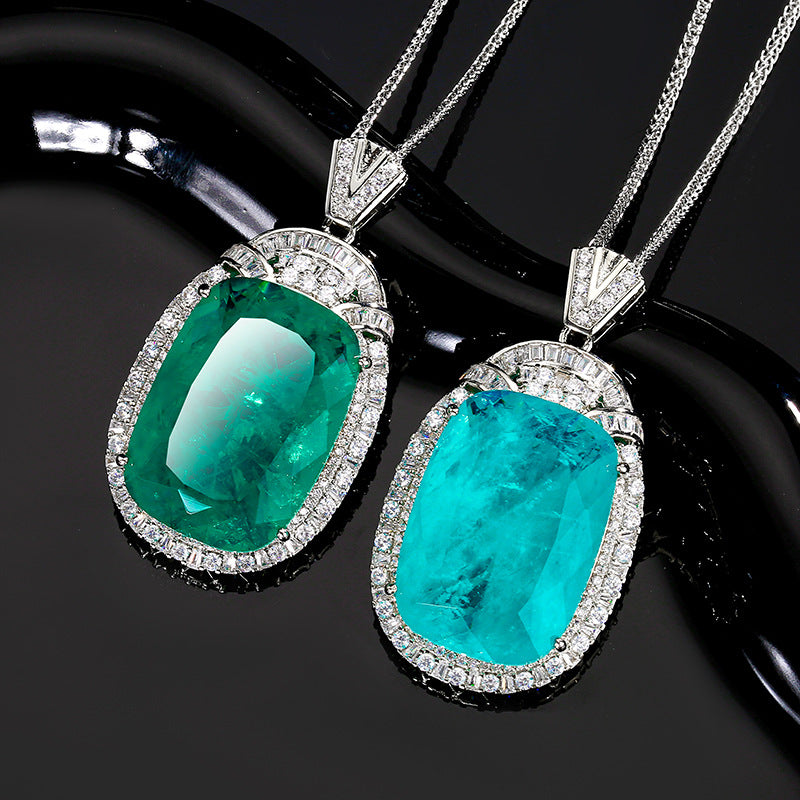 Luxury Cushion Cut Emerald Green Paraiba Blue Pendant Necklace