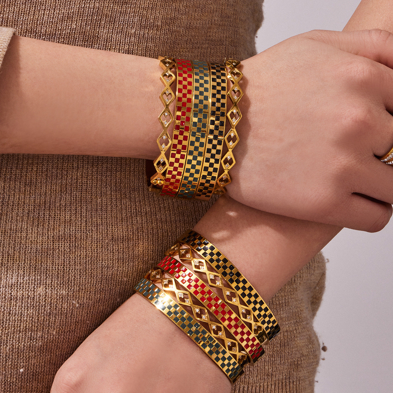 Retro Checkered & Geometric Gold Bangles