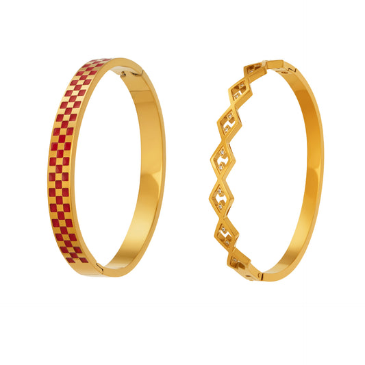 Retro Checkered & Geometric Gold Bangles