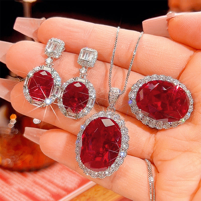Royal Ruby Oval Halo Jewelry Set