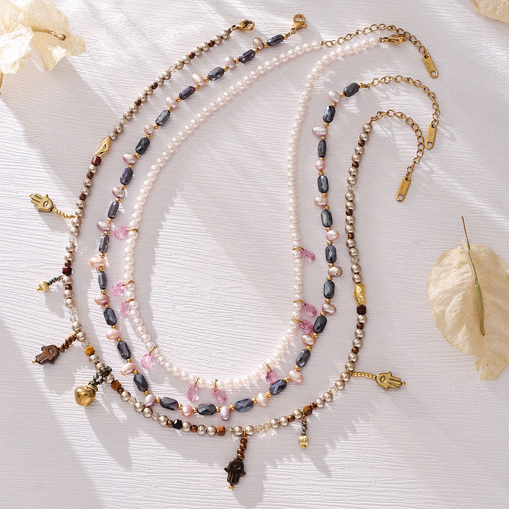 Bohemian Pearl Hamsa Hand Necklace